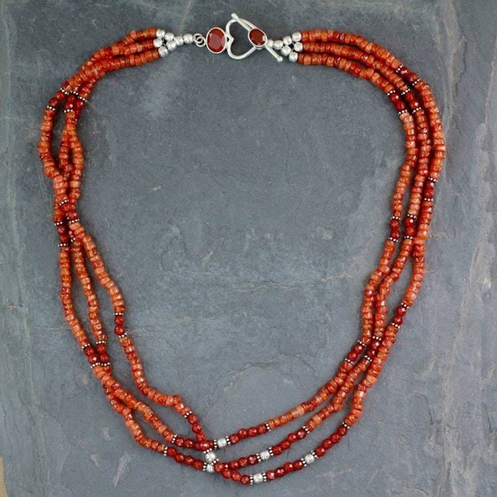 Fair Trade Beaded Carnelian Multi-Strand Necklace 'Sunset Glee'