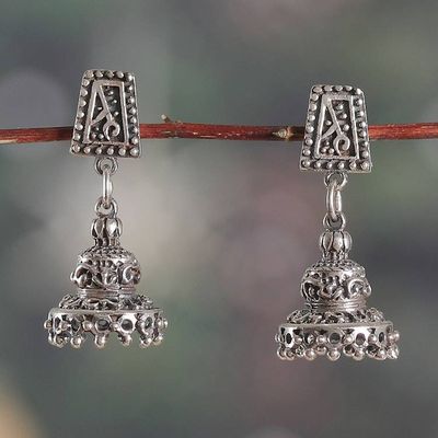 Alternate image for Temple-Shaped Jhumki Silver Dangle Earrings from India Majestic Jhumki
