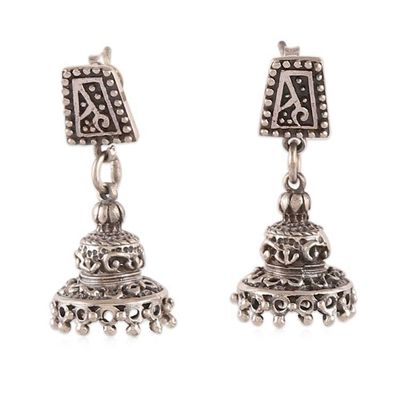 Alternate image for Temple-Shaped Jhumki Silver Dangle Earrings from India Majestic Jhumki