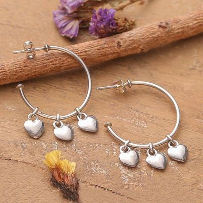 Alternate image for Heart-Themed Polished Sterling Silver Half-Hoop Earrings Heartfelt Loops