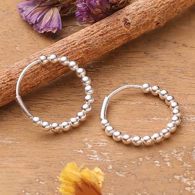 Alternate image for Modern Polished Hoop Earrings with Sterling Silver Beads Moon Beads