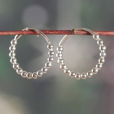 Alternate image for Modern Polished Hoop Earrings with Sterling Silver Beads Moon Beads