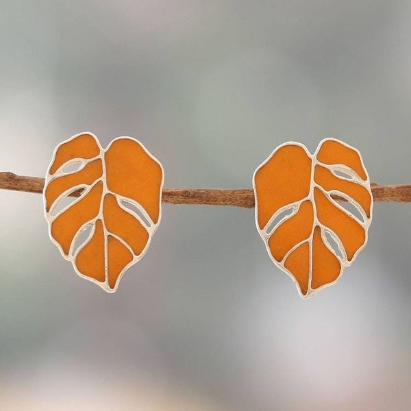 Alternate image for Autumn-Inspired Orange Sterling Silver Button Earrings Autumn Magic