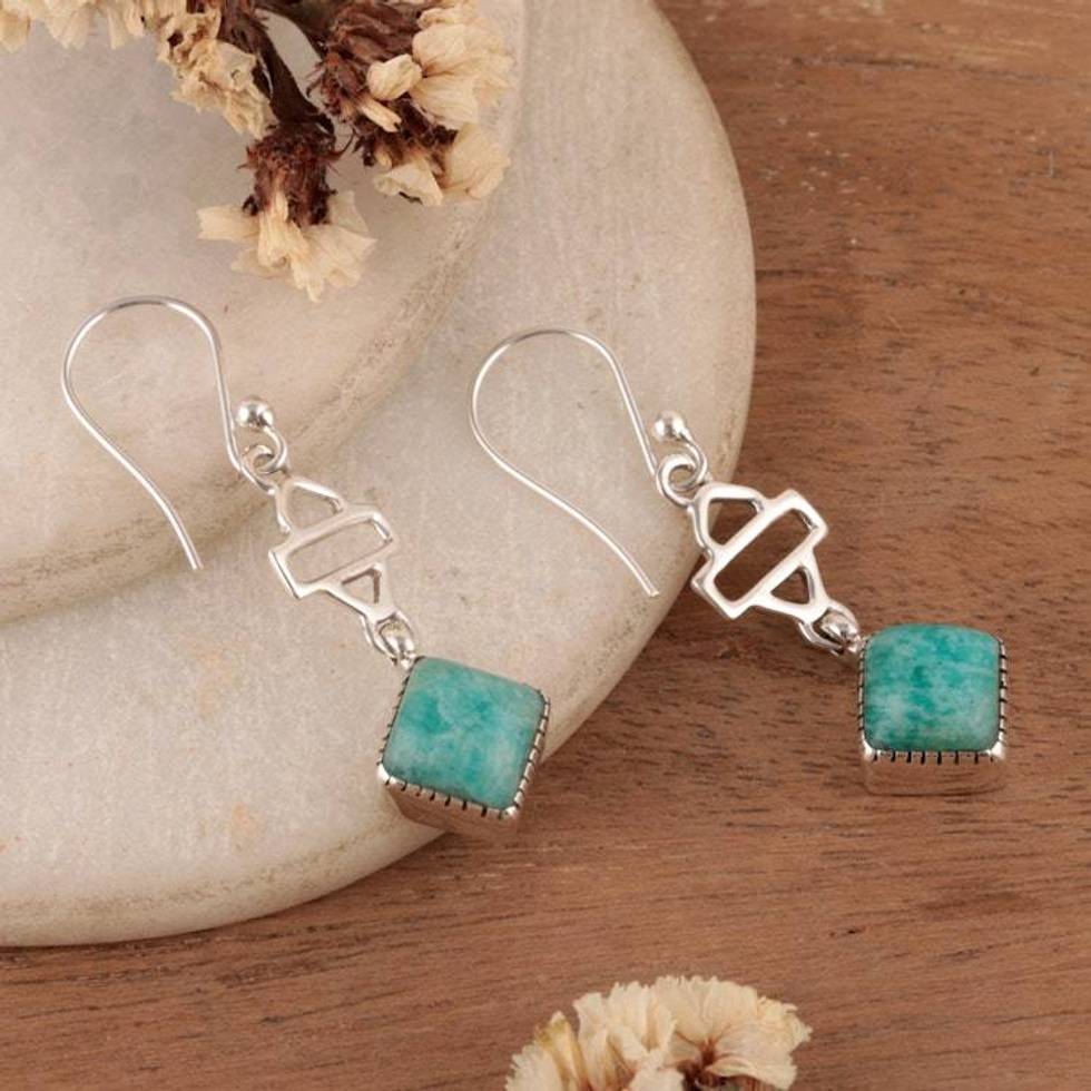 Geometric-Inspired Amazonite Cabochon Gem Dangle Earrings 'Gems of Balance'