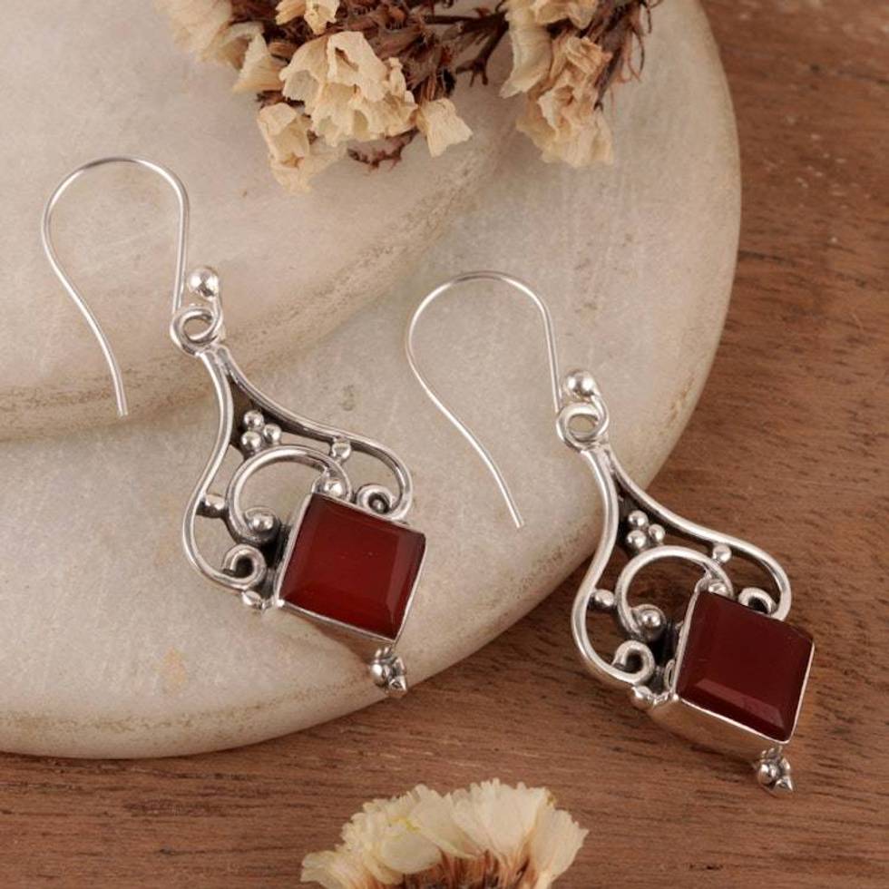 Sterling Silver and 5-Carat Carnelian Jewel Dangle Earrings 'Empress Fire'