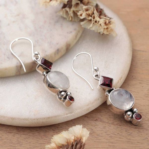 Alternate image for 1-Carat Natural Garnet and Rainbow Moonstone Dangle Earrings Moonlit Romance