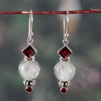 Alternate image for 1-Carat Natural Garnet and Rainbow Moonstone Dangle Earrings Moonlit Romance