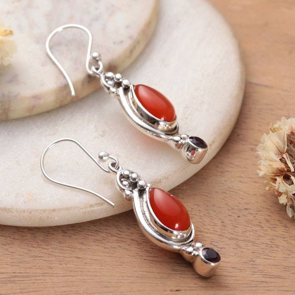 Alternate image for Carnelian and Garnet Dangle Earrings in Polished Finish Fiery Elegance