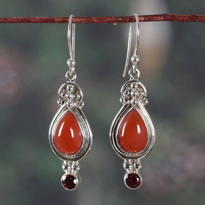 Alternate image for Carnelian and Garnet Dangle Earrings in Polished Finish Fiery Elegance