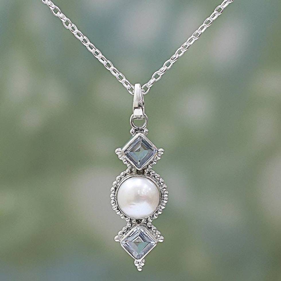Cultured Pearl Blue Topaz Pendant Necklace from India 'Blue Rays'