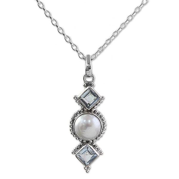 Alternate image for Cultured Pearl Blue Topaz Pendant Necklace from India Blue Rays