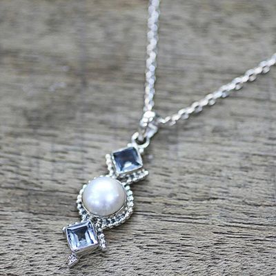 Alternate image for Cultured Pearl Blue Topaz Pendant Necklace from India Blue Rays