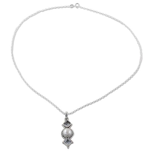 Alternate image for Cultured Pearl Blue Topaz Pendant Necklace from India Blue Rays