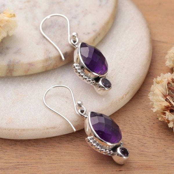 Alternate image for Birthstone 11-Carat Faceted Amethyst Jewel Dangle Earrings Purple Empress