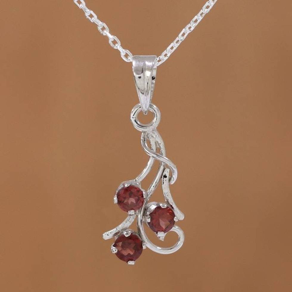 Rhodium Plated Garnet Pendant Necklace from India 'Twirling Radiance'