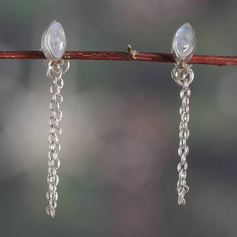 Rainbow Moonstone Hanging Chains Silver Dangle Earrings 'Flowing White'