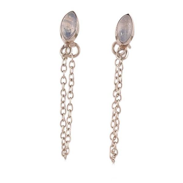 Alternate image for Rainbow Moonstone Hanging Chains Silver Dangle Earrings Flowing White