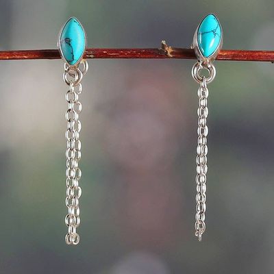 Primary image for Reconstituted Turquoise Silver Dangle Earrings with Chains Flowing Blue