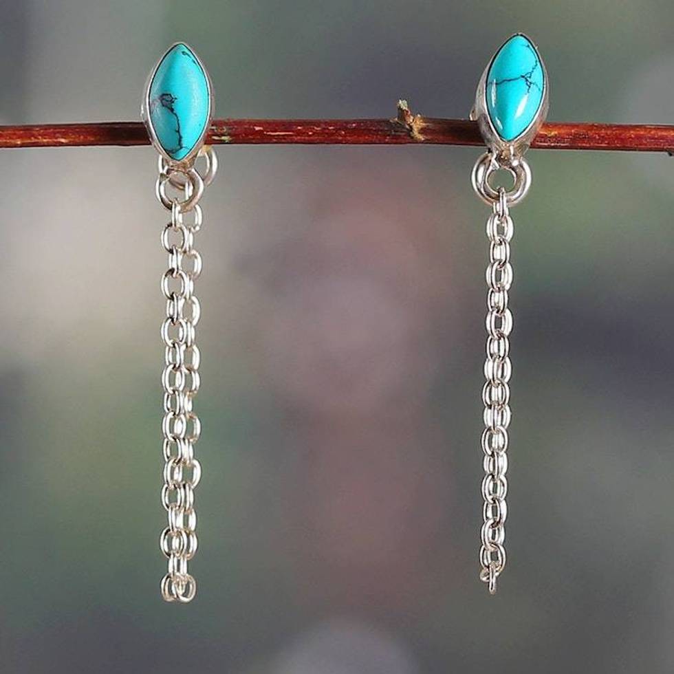 Reconstituted Turquoise Silver Dangle Earrings with Chains 'Flowing Blue'