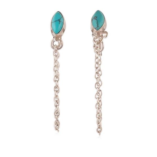 Alternate image for Reconstituted Turquoise Silver Dangle Earrings with Chains Flowing Blue