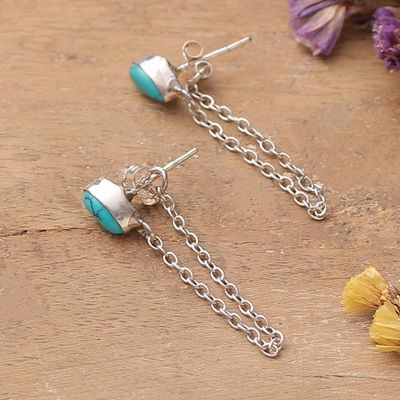 Alternate image for Reconstituted Turquoise Silver Dangle Earrings with Chains Flowing Blue