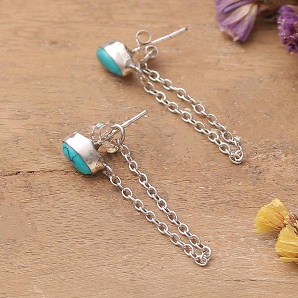 Alternate image for Reconstituted Turquoise Silver Dangle Earrings with Chains Flowing Blue