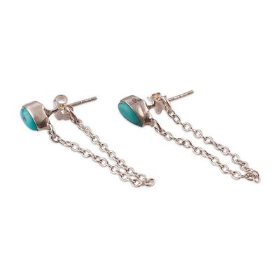 Alternate image for Reconstituted Turquoise Silver Dangle Earrings with Chains Flowing Blue