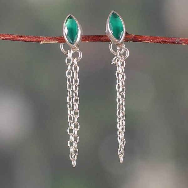 Alternate image for Emerald Sterling Silver Dangle Earrings with Hanging Chains Flowing Green