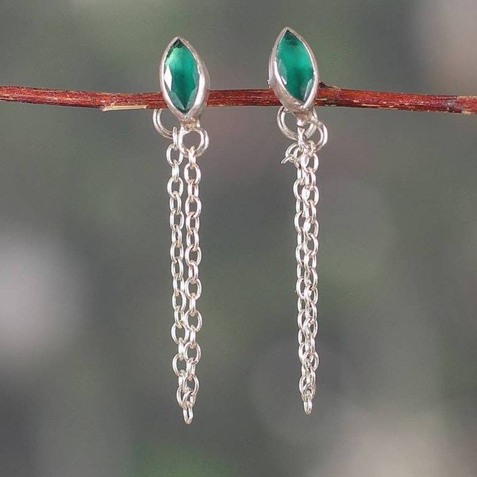 Emerald Sterling Silver Dangle Earrings with Hanging Chains 'Flowing Green'