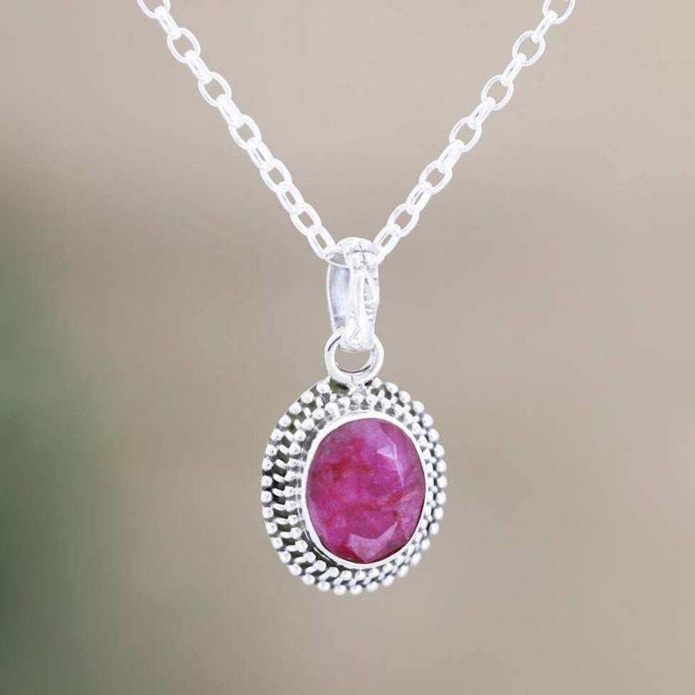 Handcrafted Ruby and Sterling Silver Pendant Necklace 'Pink Halo'