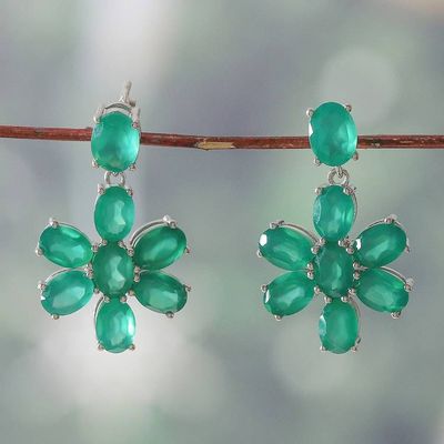 Primary image for Floral Silver Dangle Earrings with 17-Carat Green Onyx Gems Green Petals in Love