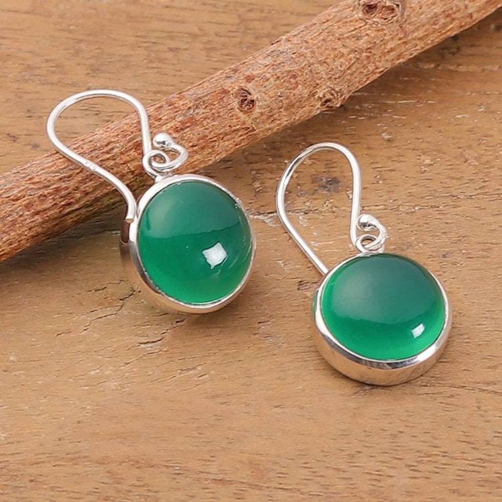 Green Onyx Gemstones Sterling Silver Dangle Earrings 'Green Everyday Serene'