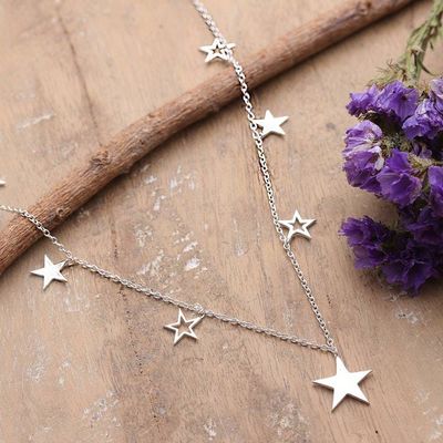 Primary image for High-Polished Star-Themed Sterling Silver Charm Necklace Starry Nights