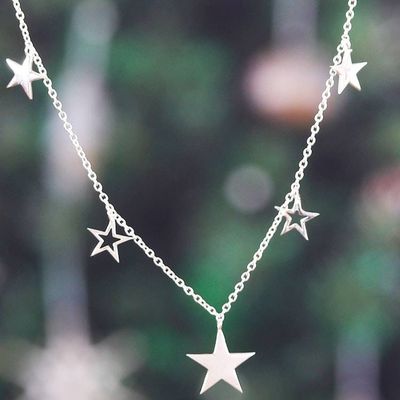 Alternate image for High-Polished Star-Themed Sterling Silver Charm Necklace Starry Nights