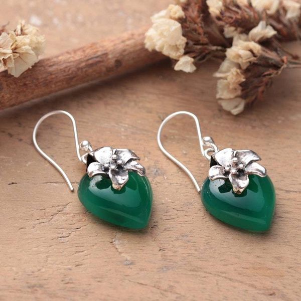 Alternate image for Heart-Shaped Green Onyx Dangle Earrings with Floral Details Heartfelt Spring