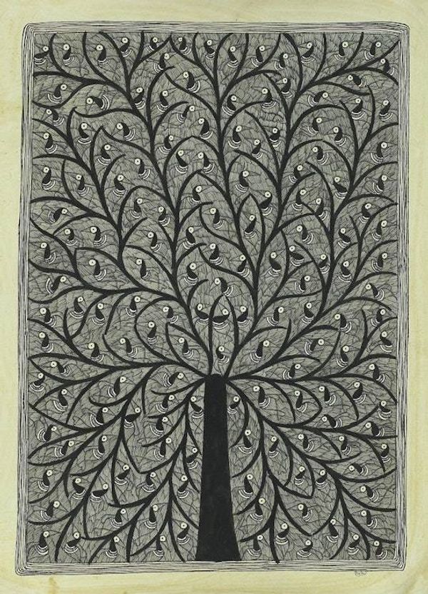 Alternate image for Black and White Madhubani Painting of the Tree of Life Birds in the Tree of Life