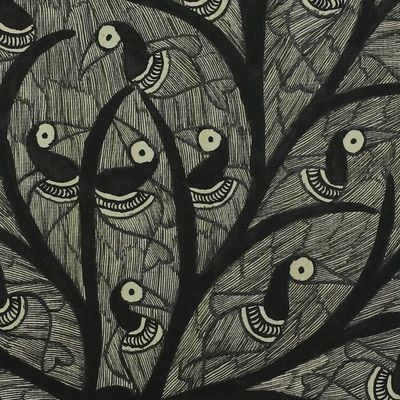 Alternate image for Black and White Madhubani Painting of the Tree of Life Birds in the Tree of Life