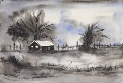 Alternate image for Signed Black and White Landscape Painting from India Midnight Charm