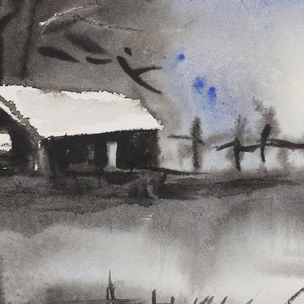 Alternate image for Signed Black and White Landscape Painting from India Midnight Charm