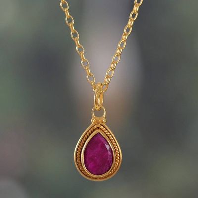 Primary image for 22k Gold-Plated Pendant Necklace with 3-Carat Ruby Gemstone Halo Effect in Crimson
