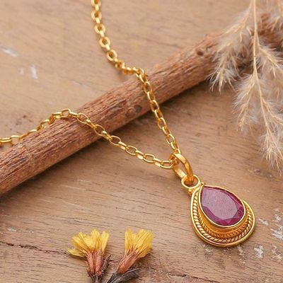 Alternate image for 22k Gold-Plated Pendant Necklace with 3-Carat Ruby Gemstone Halo Effect in Crimson