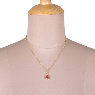 Alternate image for 22k Gold-Plated Pendant Necklace with 3-Carat Ruby Gemstone Halo Effect in Crimson