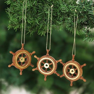 Alternate image for Set of 3 Wood Ships Wheel Ornaments Ahoy