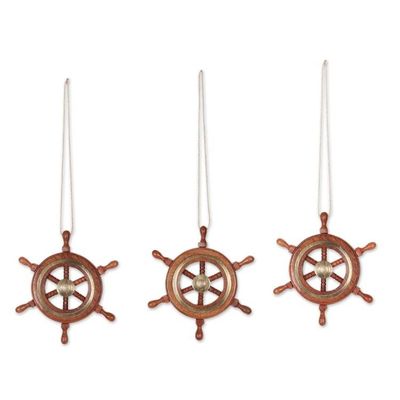 Alternate image for Set of 3 Wood Ships Wheel Ornaments Ahoy