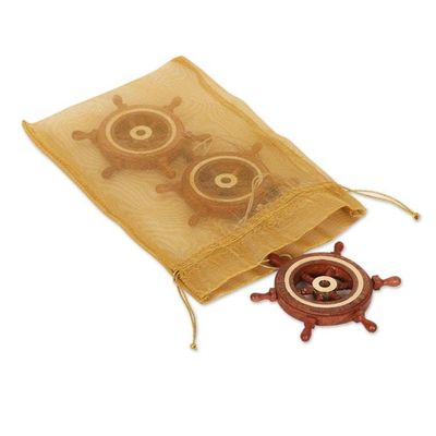 Alternate image for Set of 3 Wood Ships Wheel Ornaments Ahoy