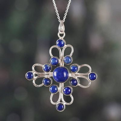 Alternate image for Silver Necklace with Lapis Lazuli Openwork Floral Pendant Regal Magnificence