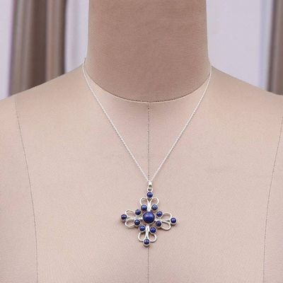 Alternate image for Silver Necklace with Lapis Lazuli Openwork Floral Pendant Regal Magnificence