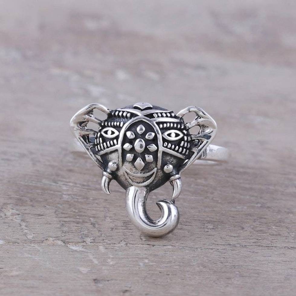 Handcrafted Sterling Silver Smiling Elephant Cocktail Ring 'Delighted Elephant'