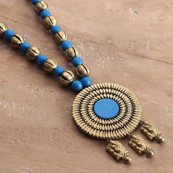 Alternate image for Blue and Antiqued Golden Traditional Ceramic Beaded Necklace Serene Chakra