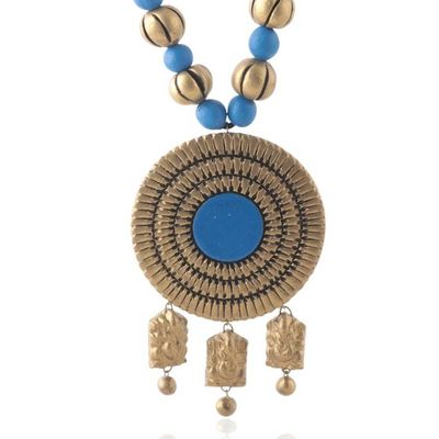 Alternate image for Blue and Antiqued Golden Traditional Ceramic Beaded Necklace Serene Chakra